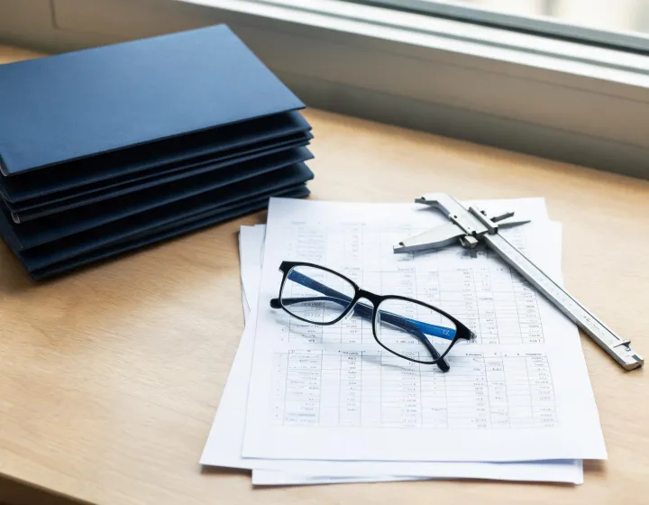 Procurement desk reviewing eyewear quote sheets