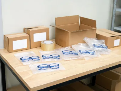 Reseller desk packing blue light readers