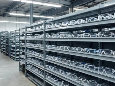 Safety distributor shelf with protective eyewear