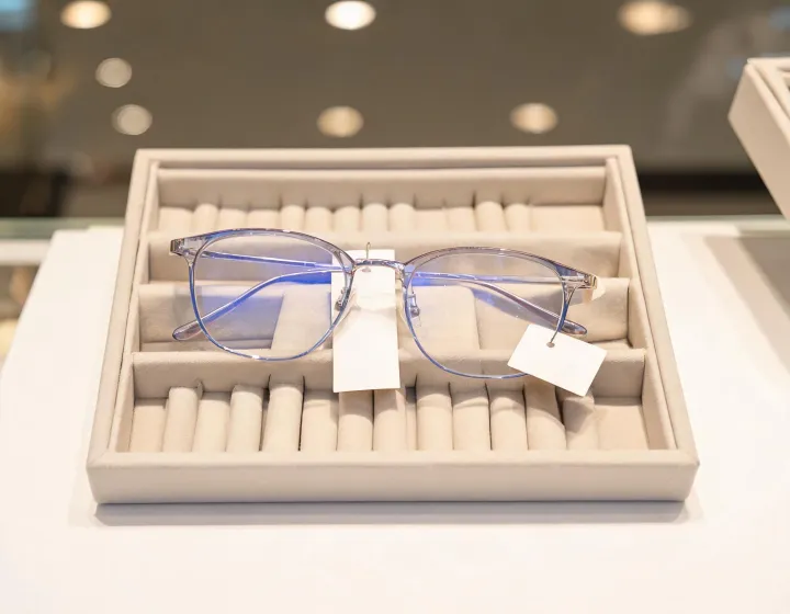 Women's blue light reading glasses on a fit-range tray