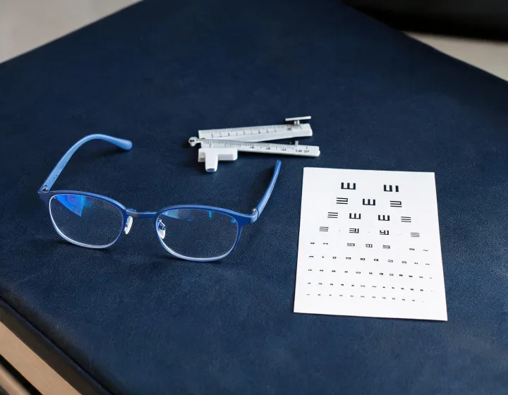 Men's blue light reading glasses beside a temple-width gauge